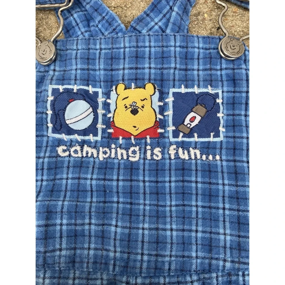 VTG Disney Winnie The Pooh Plaid Camping Hiking Overalls Y2K 6-9 Months Cotton